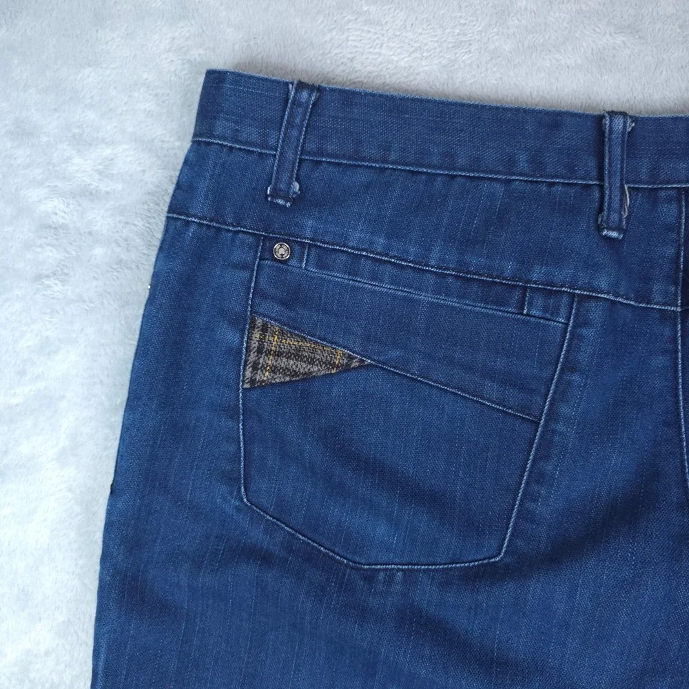 Stacy Adams Jeans Mens 38x34 Blue Denim Plaid Pocket Accents Cotton Casual
